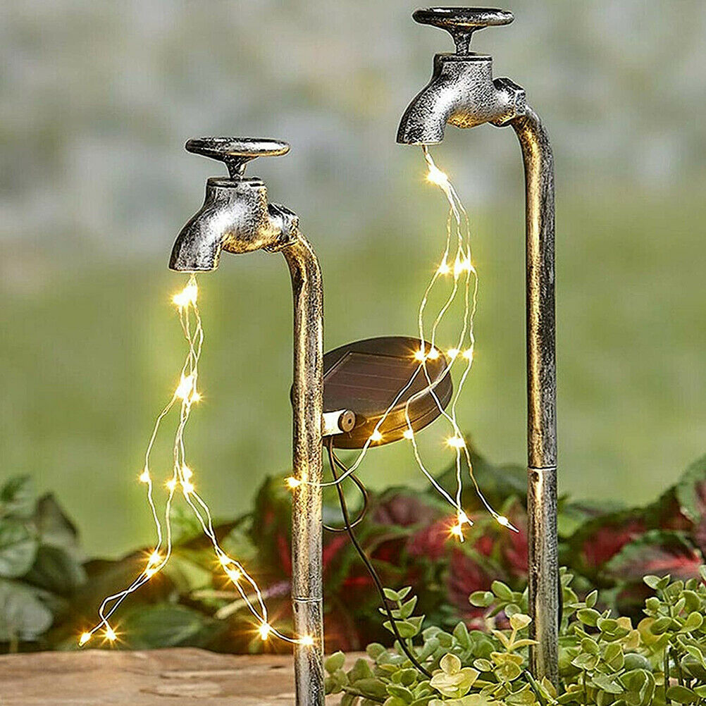 Solar Garden Yard Stake WATER FAUCET PLANTER Fairy Light Lawn Art Outdoor Decor