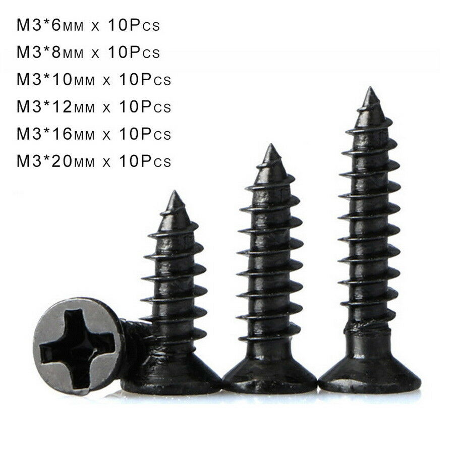60Pcs M3 * 6-20mm Countersunk Self Tapping Phillips Screws Set-Black Zinc Steel