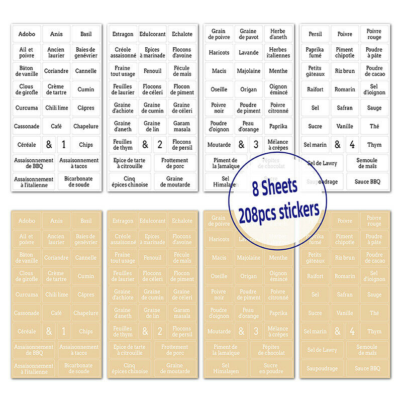 208PCS Kitchen Jars Stickers Cans Kitchen Spice Label Waterproof Resista.l8