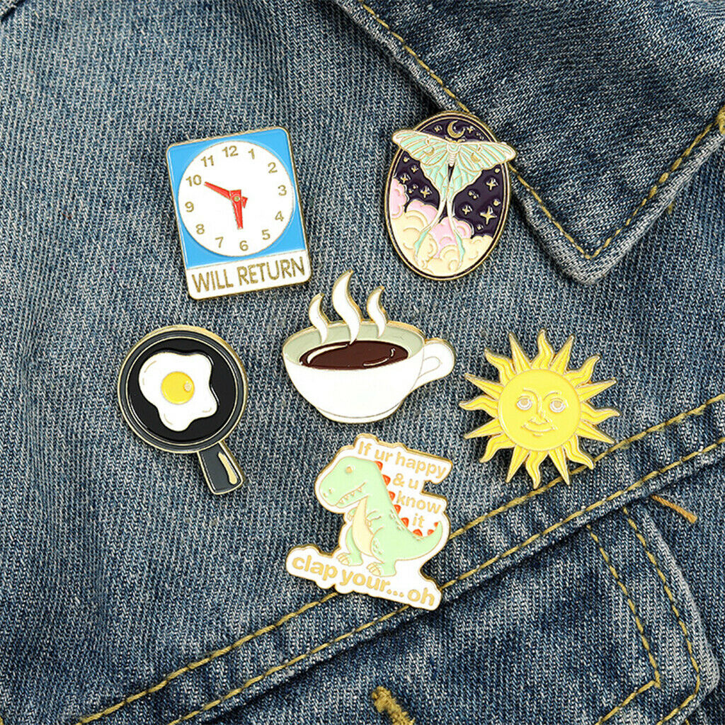Enamel Pins Clock Fried Egg Sun Brooch Bag Clothes Lapel Pin for Kids 6 Pcs