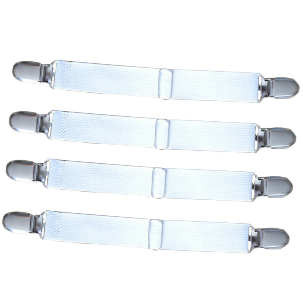 4x Bed Sheet Corner Grippers Suspenders Fastener Clips 2-Heads White Band