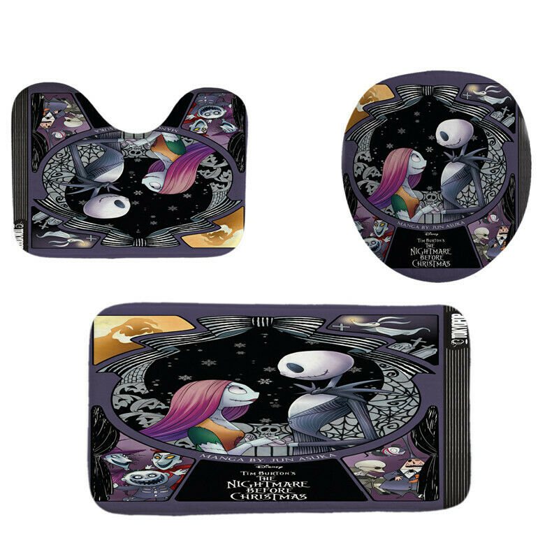 4Pcs The Nightmare Before Christmas Bathroom Rugs Toilet Mat Shower Curtain Set