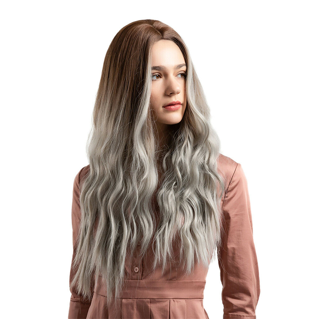Ombre Brown Gray Long Curly Wavy Full Wigs Women Ladies Synthetic Hair 26"ï¼Œ
