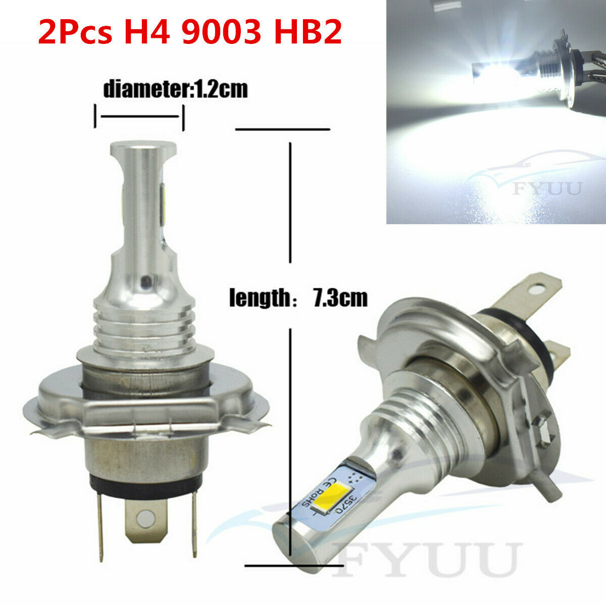 2Pcs 35W 9003 H4 LED Car Headlight Bulbs High&Low Beam 4000LM 6000K White