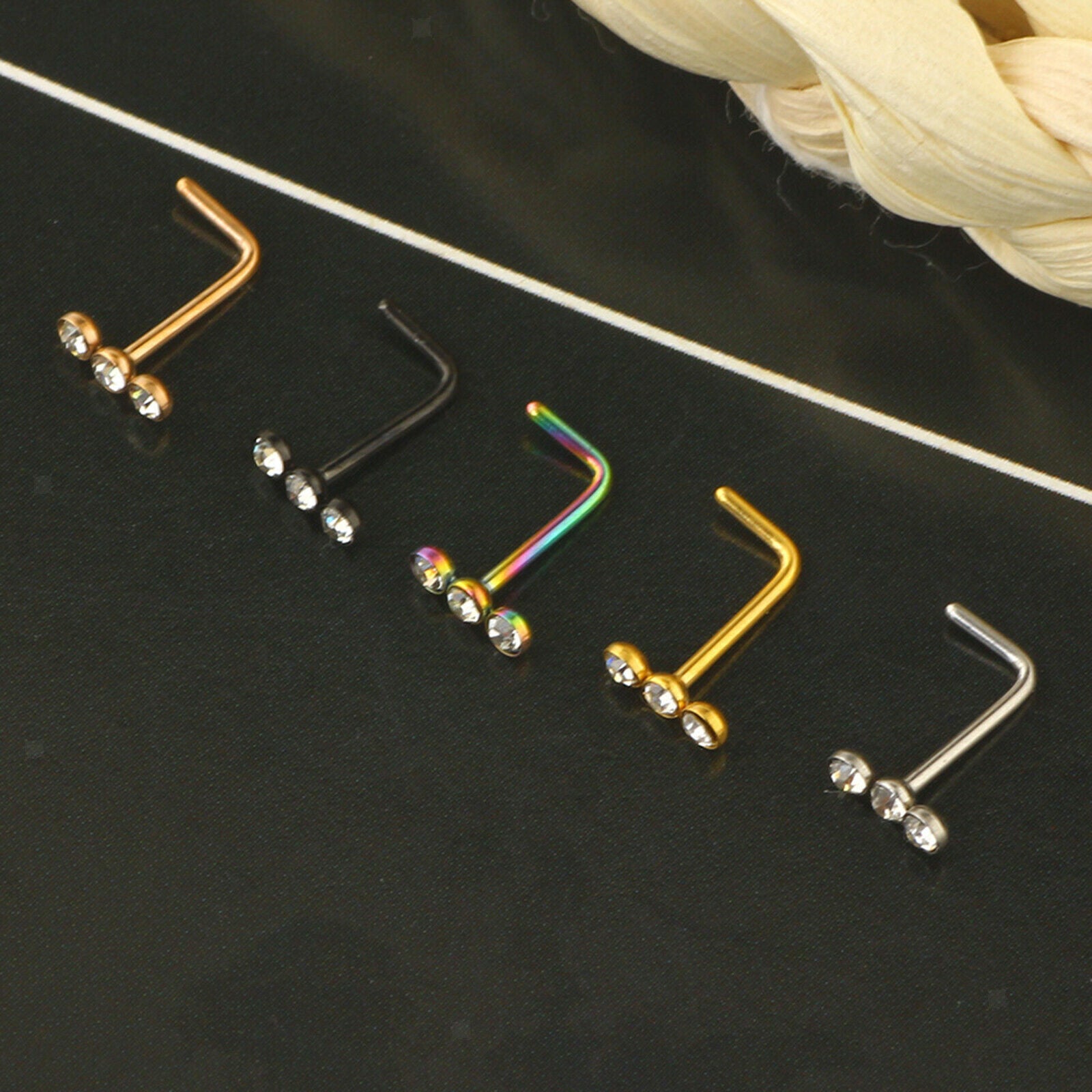 5 Pieces Nose Stud Stainless Steel Rhinestone L-Shape Screw Mixed Color 7mm