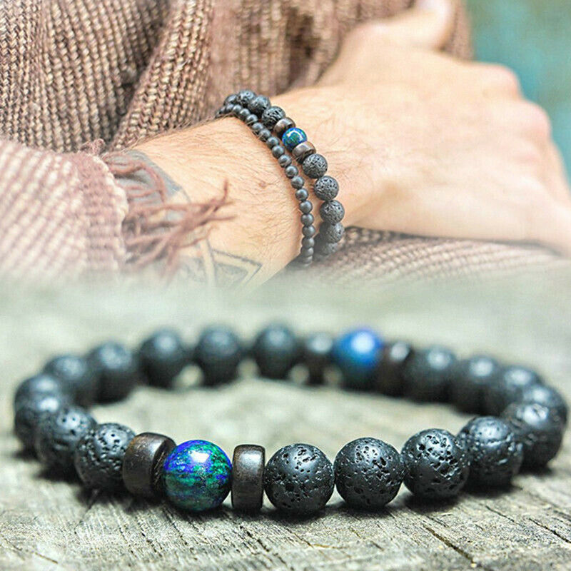 Men's Prayer Mala Beads Lava Rock Stone Chrysocolla Beaded Yoga Bracelets.l8