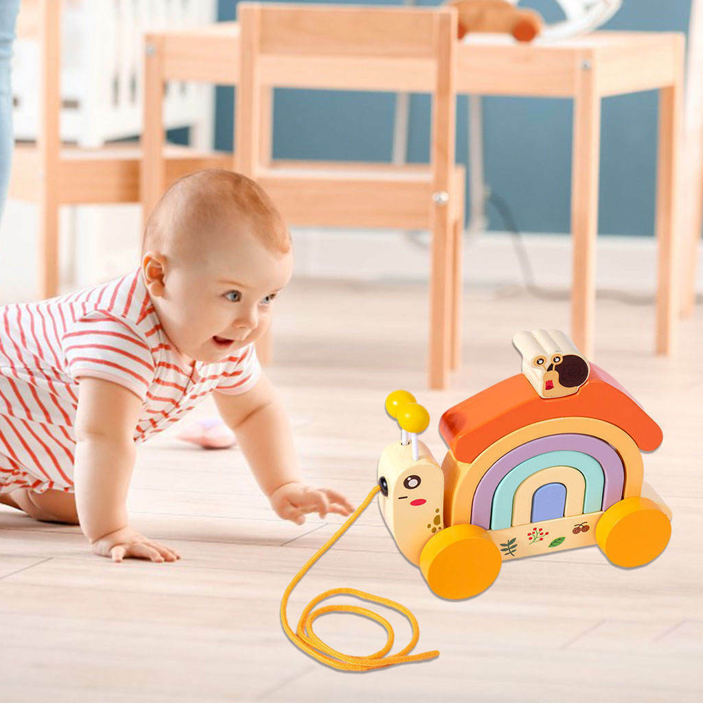Wooden Rainbow Stacker Montessori Development Color Toys Drag Learning Car
