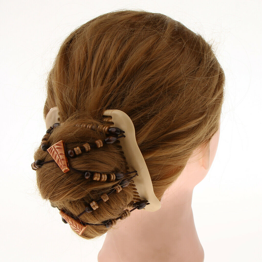Women Double Hair Combs Stretchy Wooden  Beads Clip Updo Hairstyle