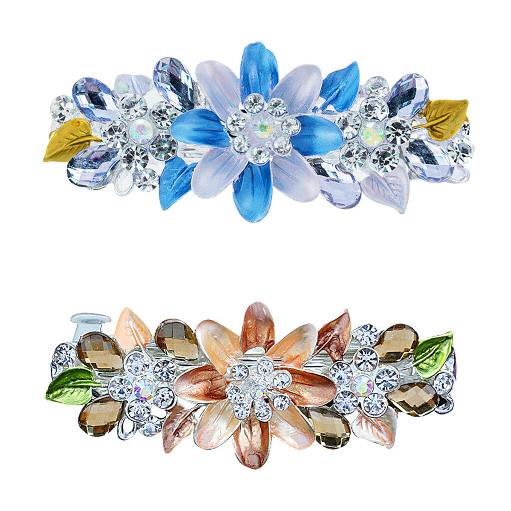 2pcs Flower Diamante Rhinestone Spring Barrette Hair Clip Clasp Headwear for