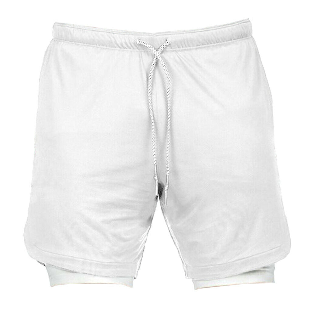 Men 2 in 1 Running Shorts Built In Base Layer Pants Pocket White XL