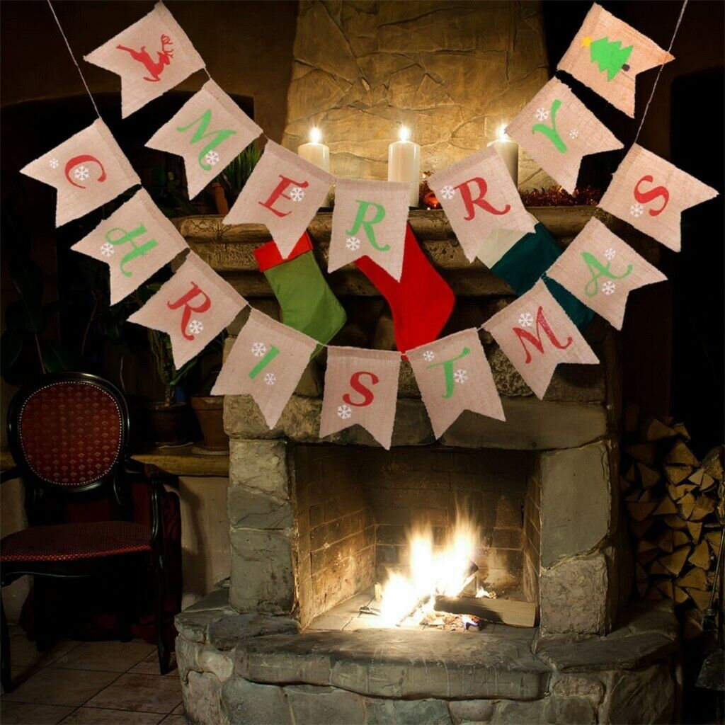 Burlap Merry Christmas Bunting Banners Flag Garland Sign Party Decoration