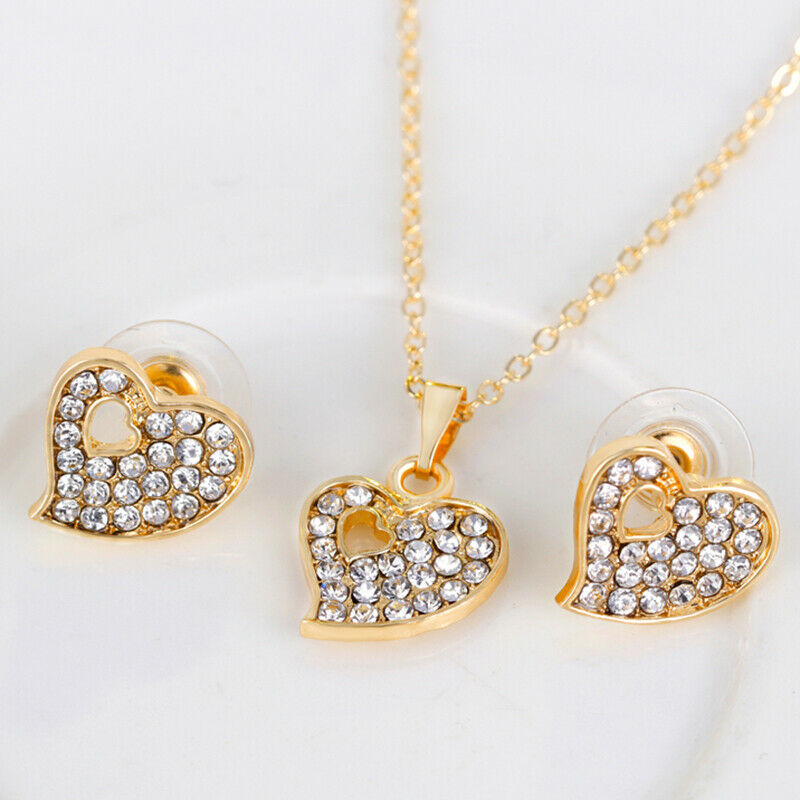 Fashion Jewelry Sets Crystal Heart Necklace Bangle Ring Earrings Wedding .l8