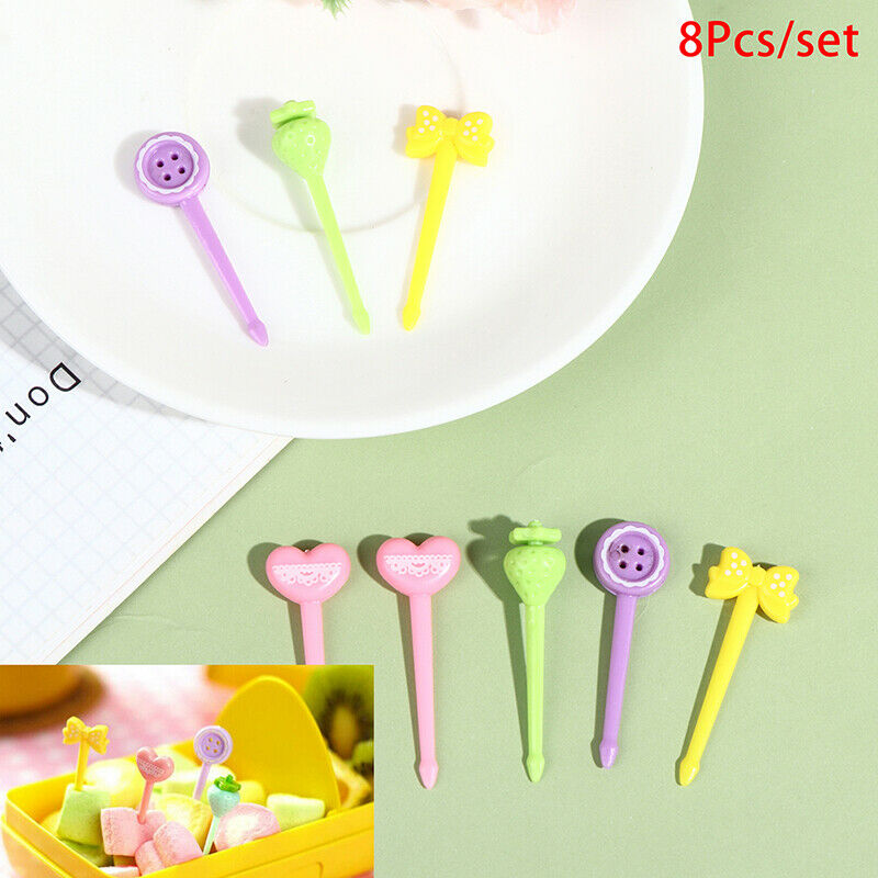 8Pcs Mini Kids Pinkycolor Fruit Fork Cartoon Snack Cake Dessert Food Toothp DF