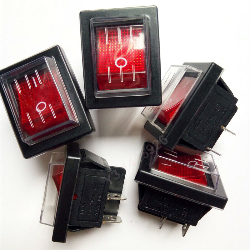 Waterproof Rocker Boat Switch AC 250V/15A 125V/20A Red Light DPST ON-OFF 4Pin