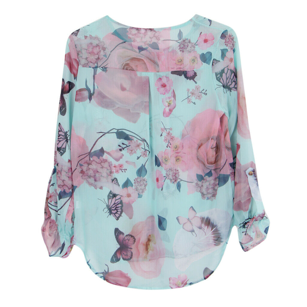 Plus Size Women Floral Butterfly Beach Button T-Shirt Chiffon Top 2XL Green