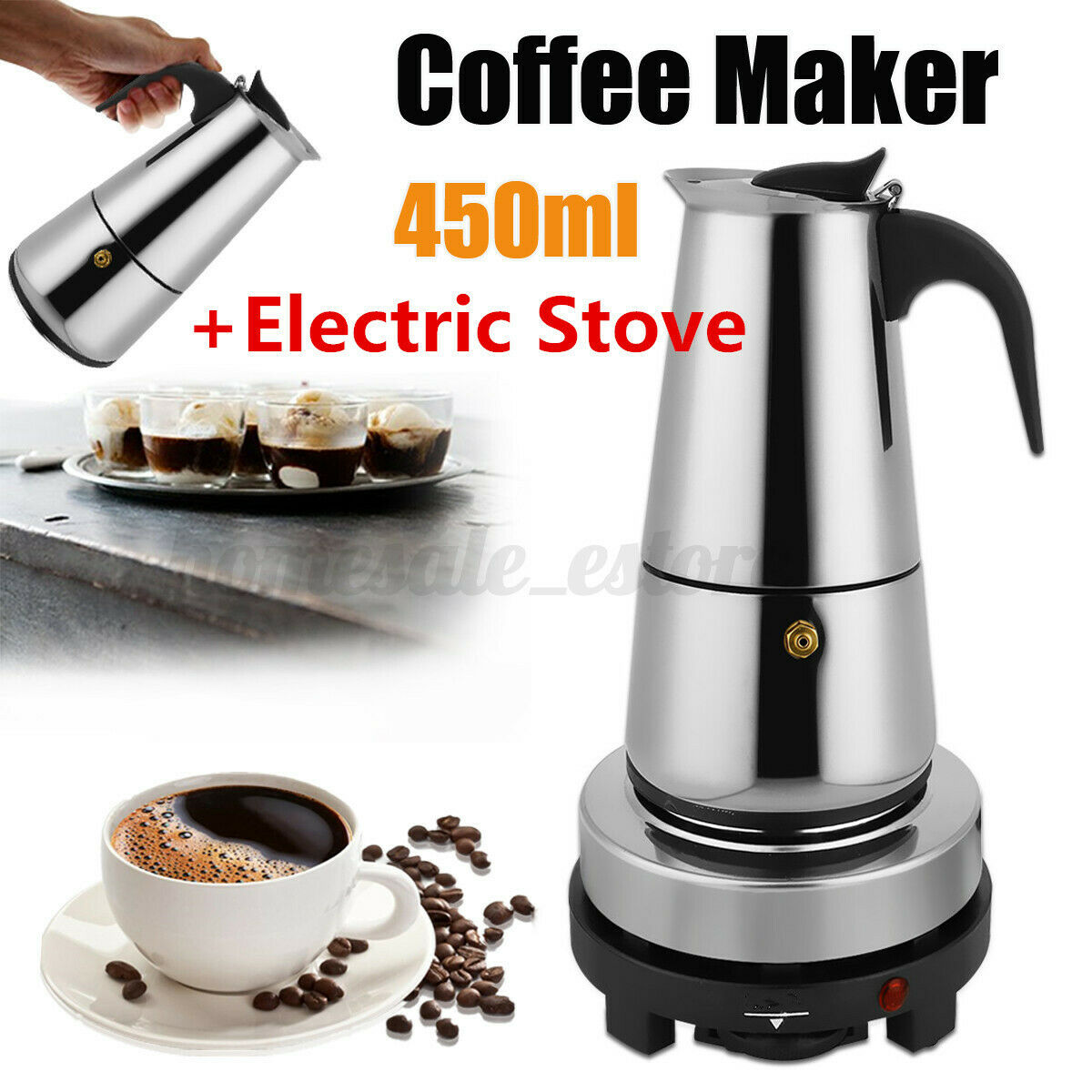 9 Cups 450ml Stainless Steel Moka Coffee Maker Pot Percolator W/ Electric Stove