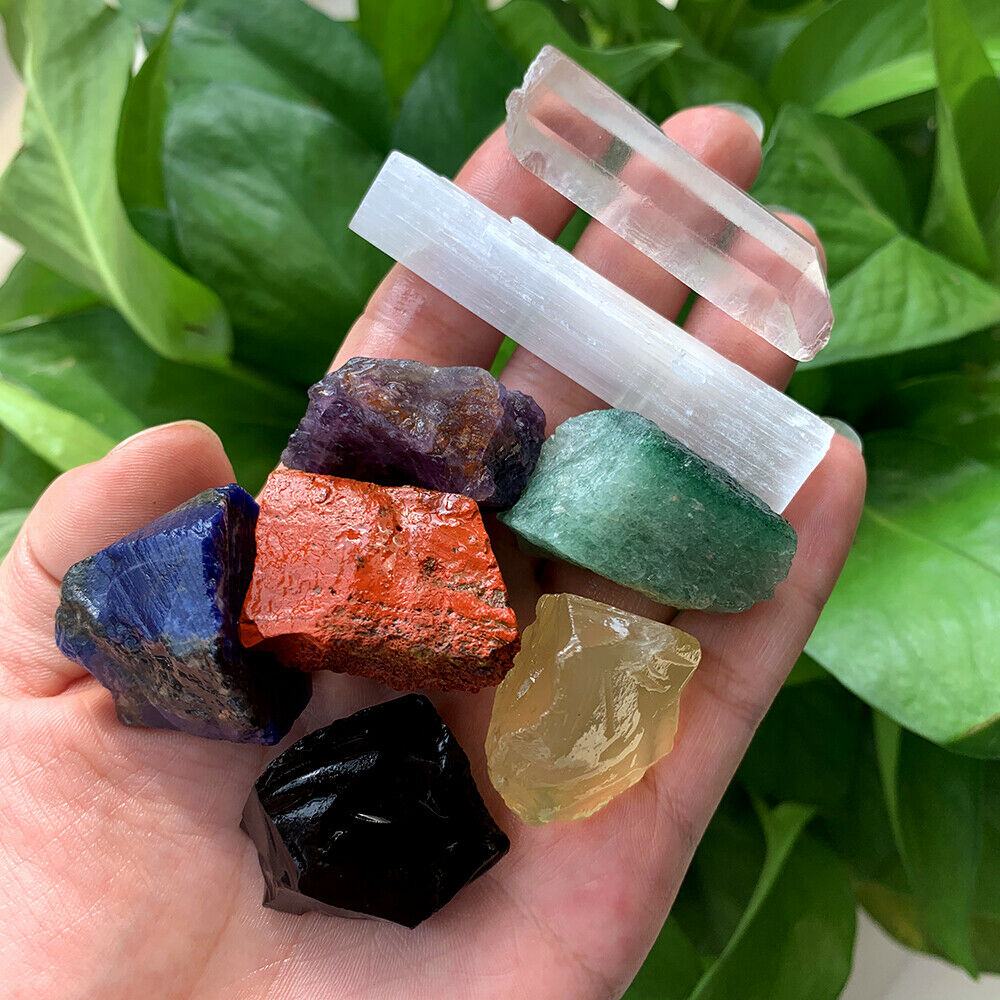 Large Chakra Stones Set: 7 Rough Crystals & Raw Selenite Wand (CHARGED ROCKS)