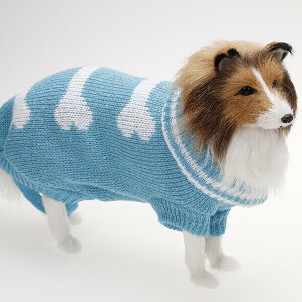 Blue Turtleneck Dog Sweater Clothes w/ Bone Patterns - Size L