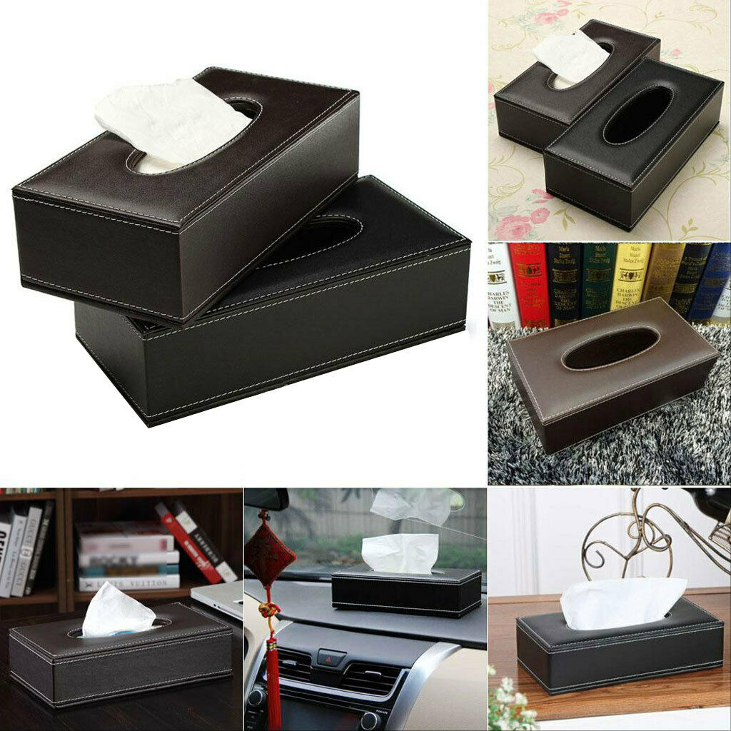 Tissue Cover Box Square PU Leather Tissue Holder for Home Office Car (BLACK)