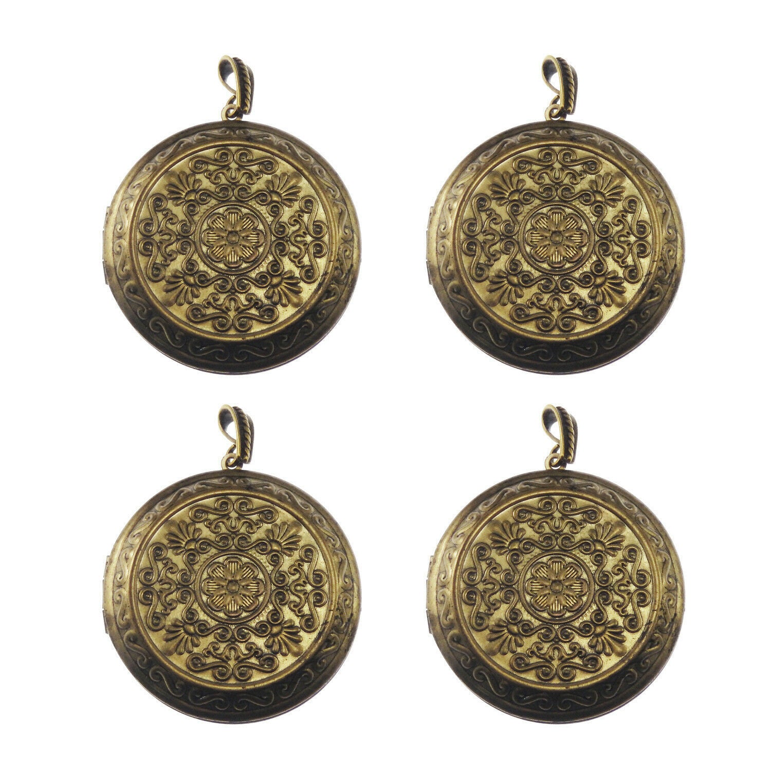2 pcs Flower Pattern Round Locket Antiqued Bronze Brass Pendant Findings 44mm
