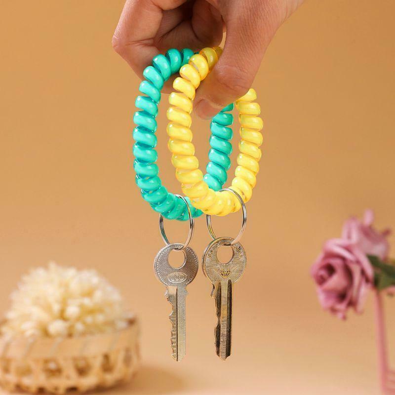 5Pcs Mixed Wrist Coil Keychains Stretch Wristband Key Ring For Gym Pool ID Badge
