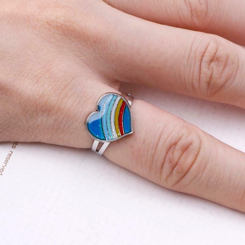 Rainbow Heart Mood Ring Temperature Emotion Feeling Rings Adjustable For Women
