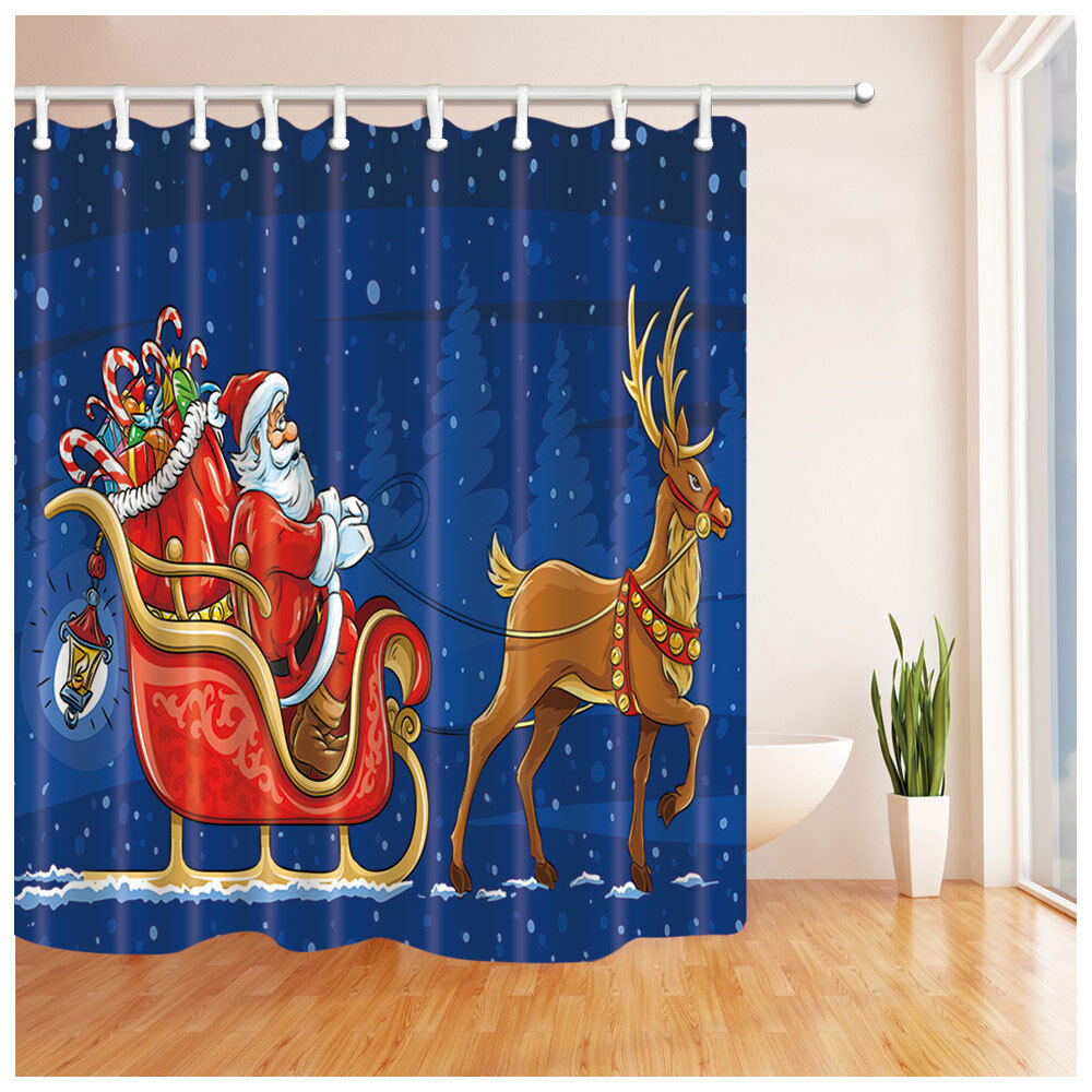 Christmas Reindeer And Sleigh Waterproof Fabric Bathroom Shower Curtain 71Inch