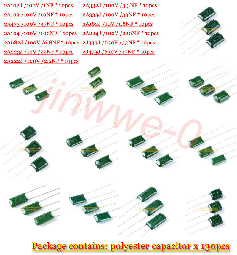 130pcs Polyester capacitor package 100/630V 1nF 1.8 2.2 3.3 6.8 10 47 100-220nF