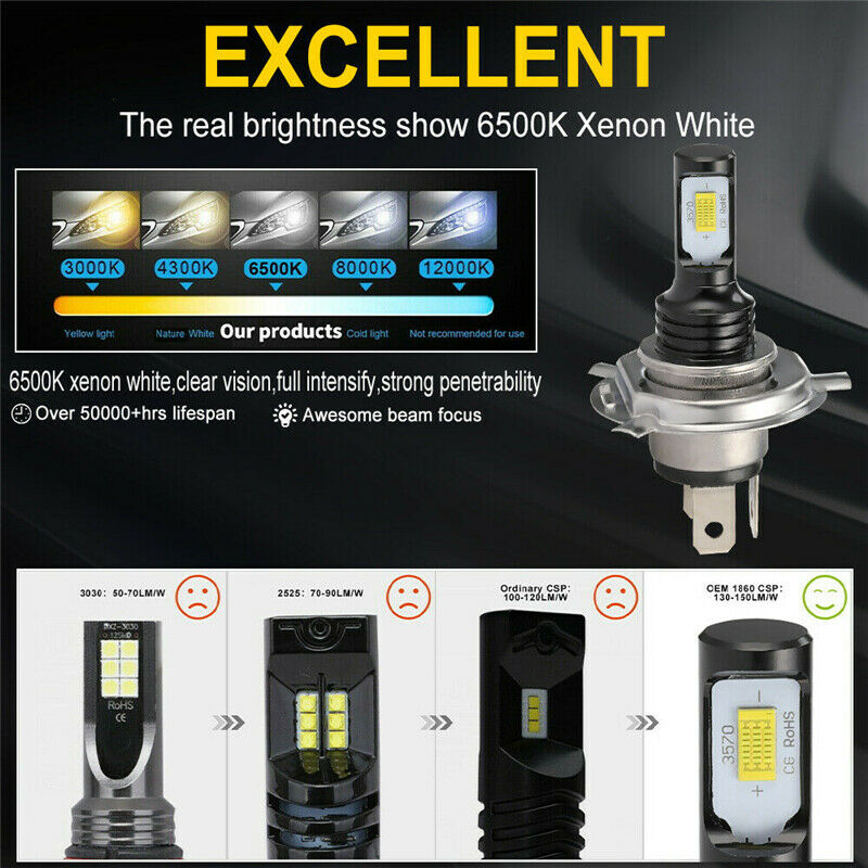2Pcs H4 LED Fog Lights Car 12V 35W 3570 CSP Headlight Bulbs Xenon 6000K White