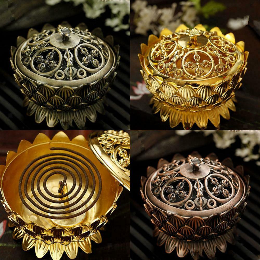 7CM Lotus Incense Burner Holder Chinese Golden Cone Flower Statue Censer
