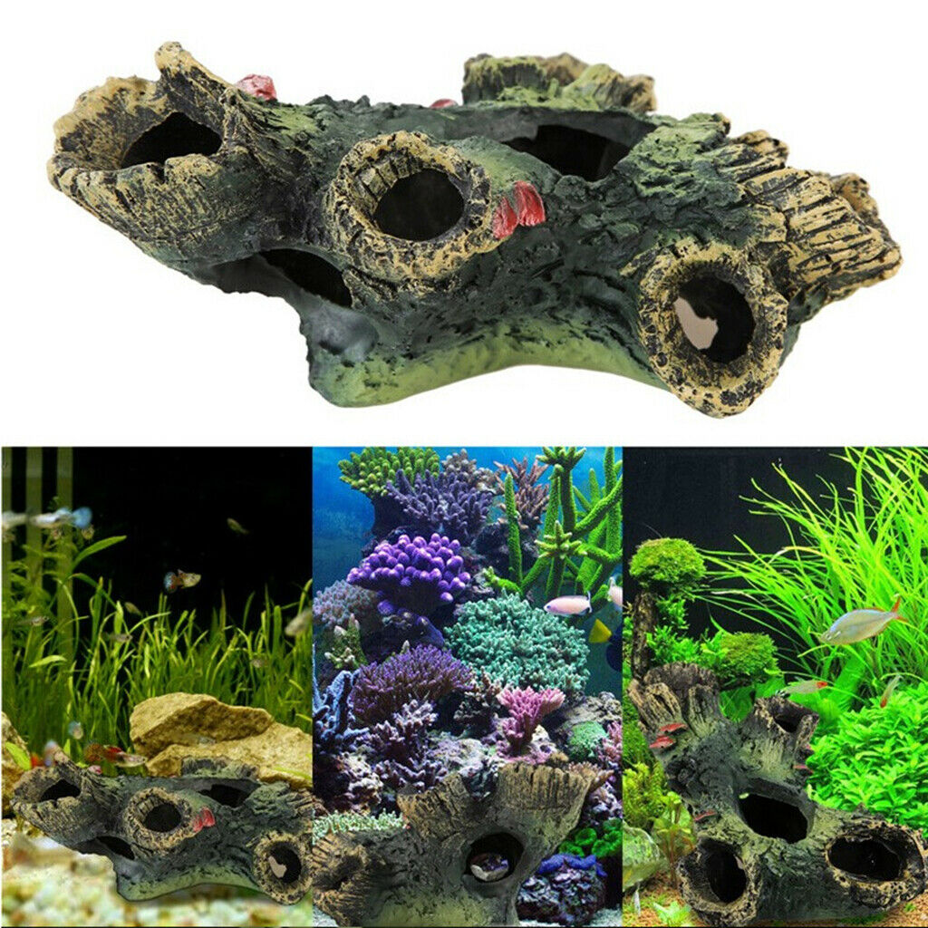 Set Of 2 Fish Tank Aquarium Decor Ornaments Hollow Tree & Mountain Cave