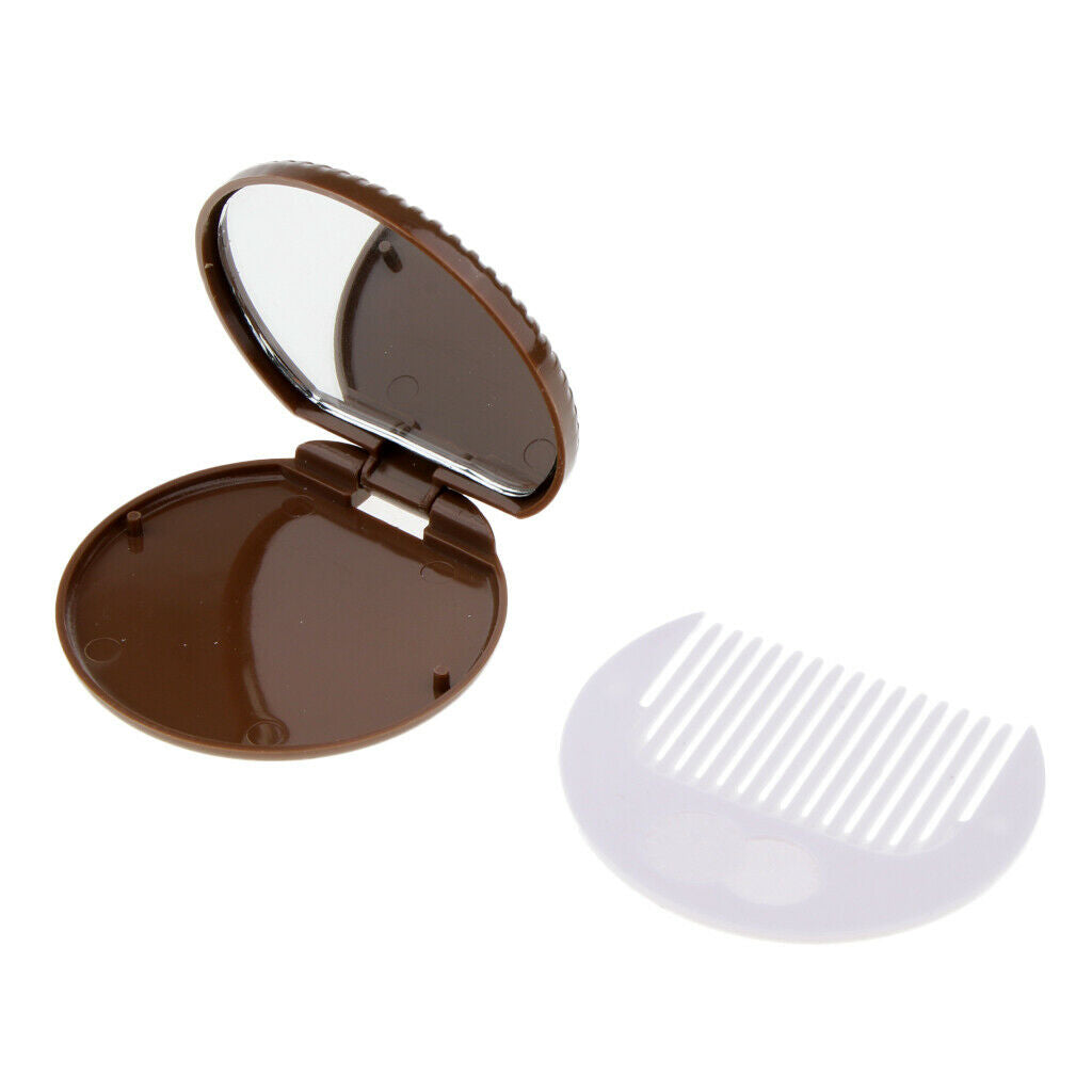 2 Round Folding Makeup Mirror Compact with Comb Pocket Biscuit Size Cute Brown