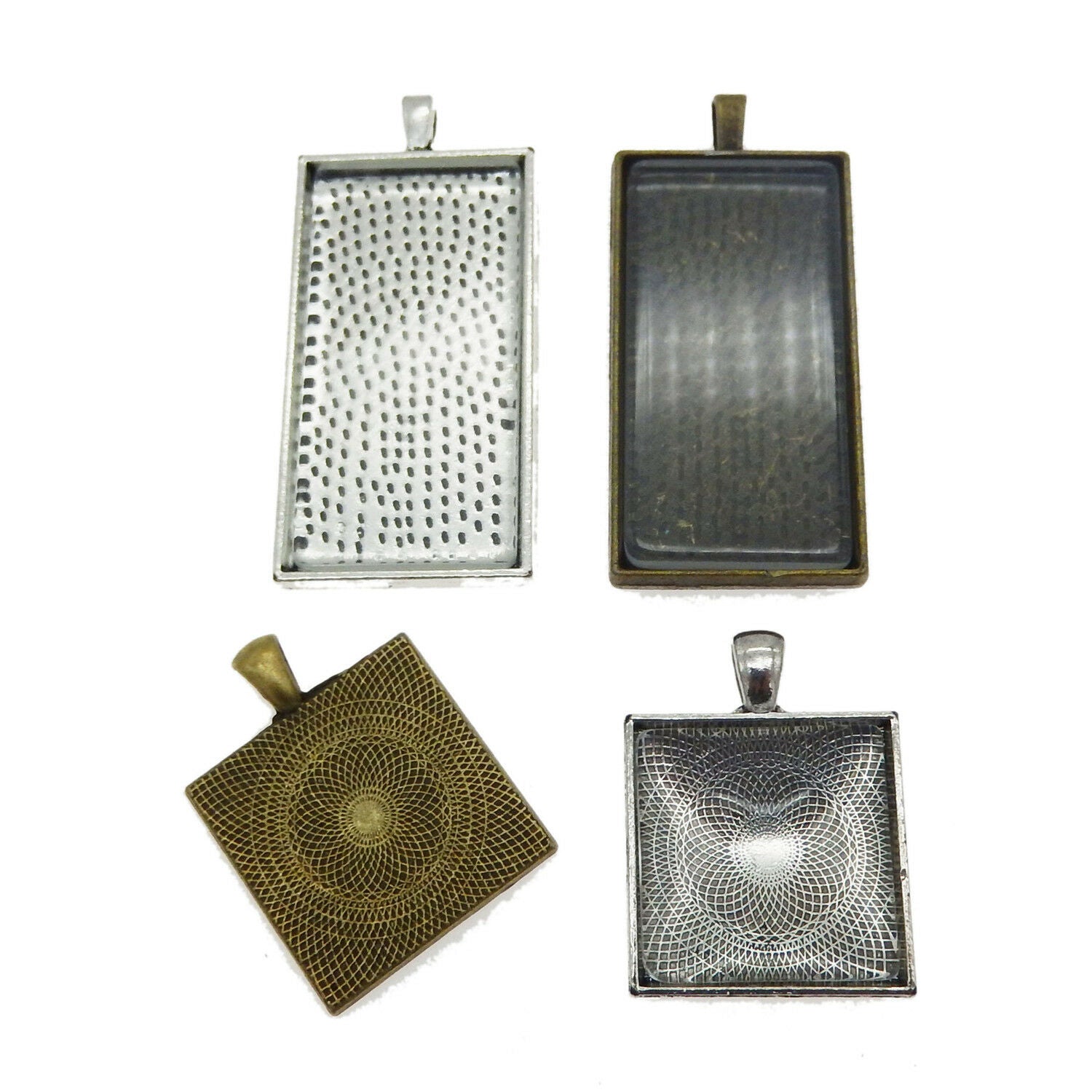 4 sets Mix Metal Alloy Base Trays Cameo Bezels Charms Pendants Rectangle& Square