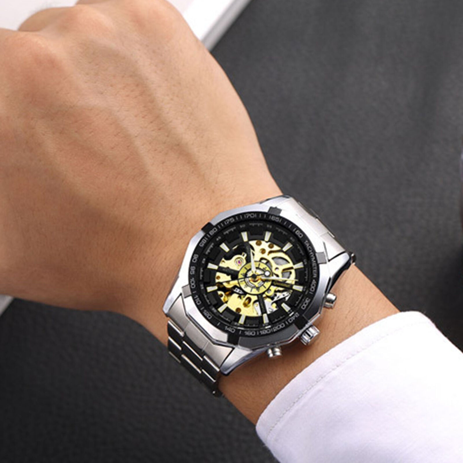 Men's Stainless Steel Band Skeleton Dial Automatic Mechanical Watch Wrist Watch