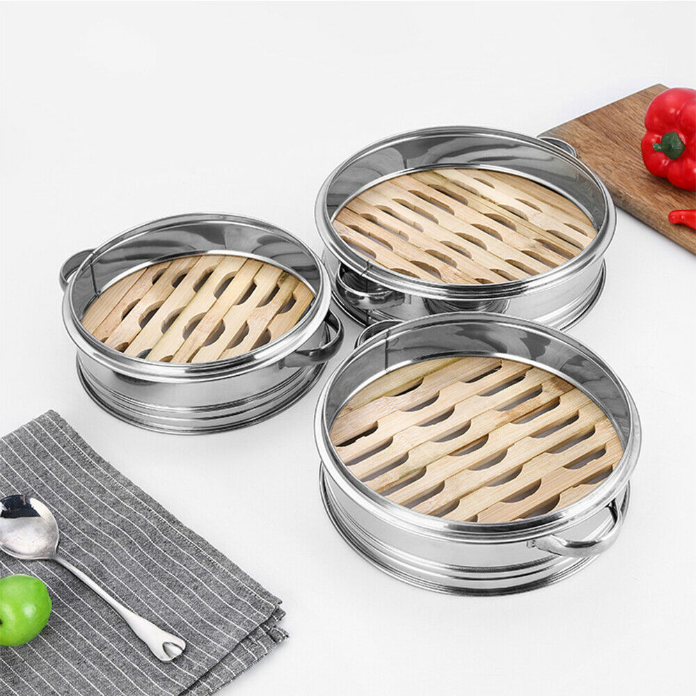 Stainless Steel Food Steamer Basket with Bamboo Bottom 4 Tier 6.3" with Lid