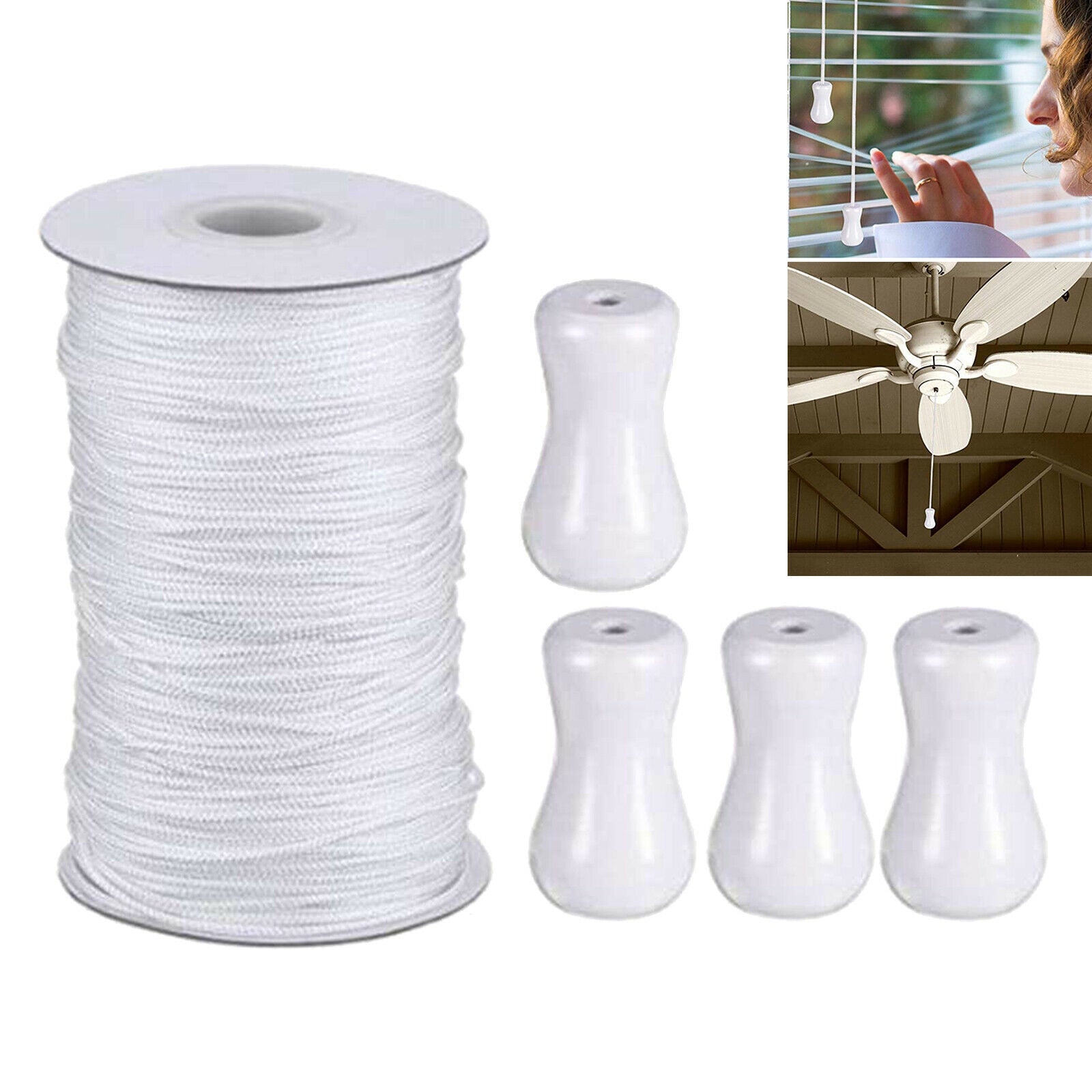 1.8mm White Braided Lift Shade Cord w/ 4pcs Wooden Pendant Gardening Plant