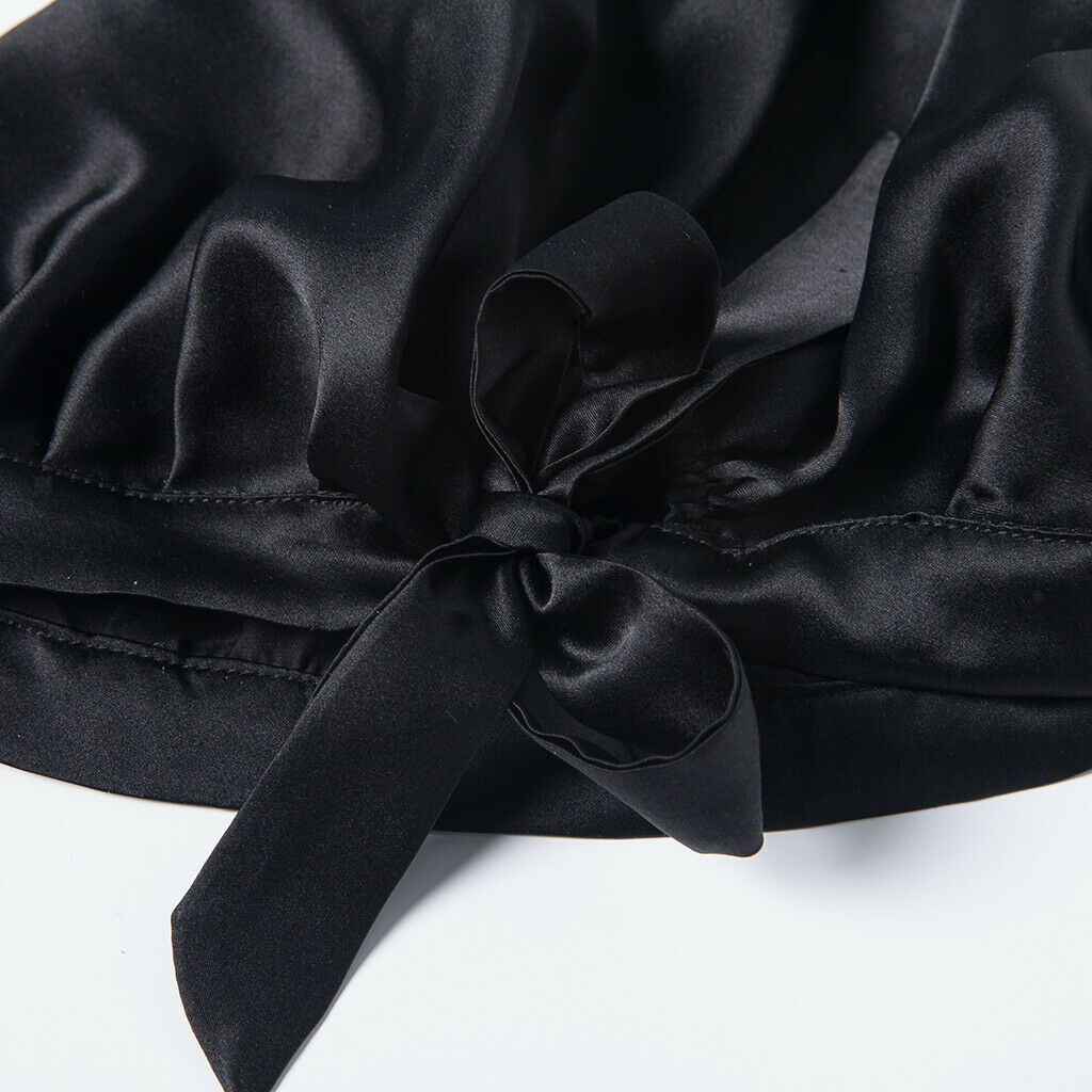 100% Pure Silk Sleep Hats Wrap Night   Hair Care Bonnet Women Hat Black