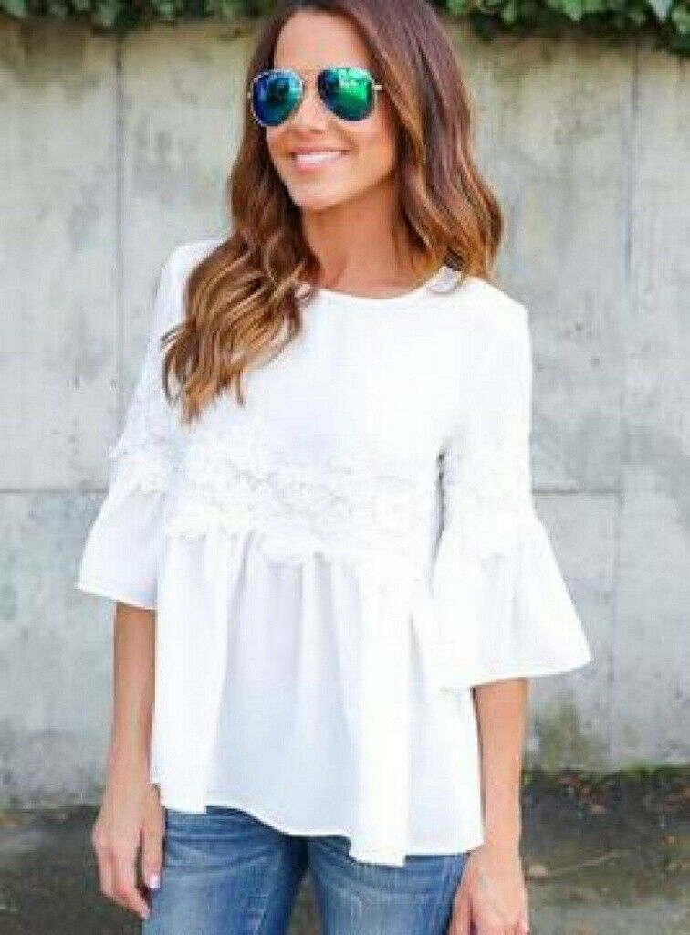 Womens Fashion Ladies Lace Chiffon Long Sleeve Loose Casual Blouse T-Shirt Tops