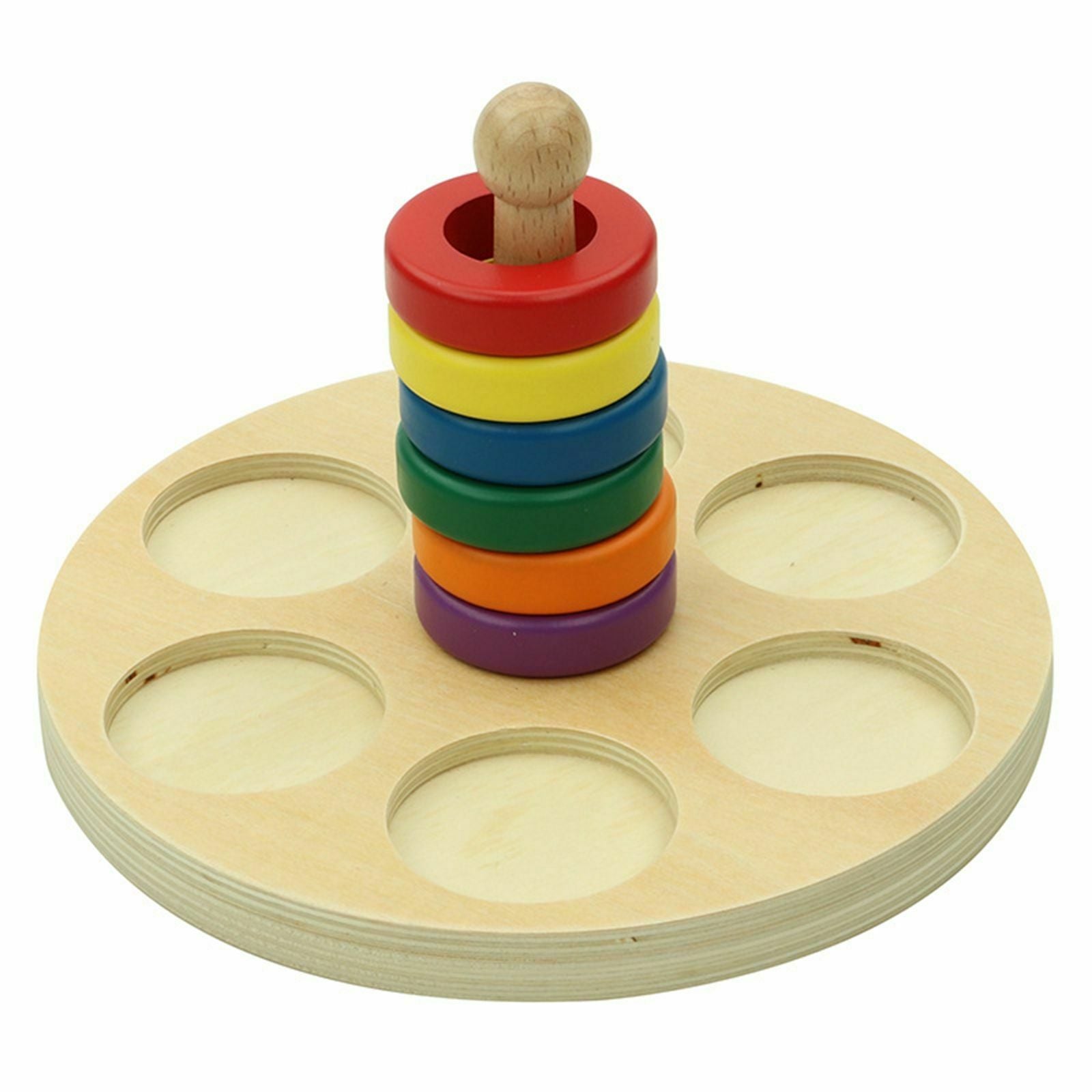 Montessori Wooden Stacking Rings Toys with 6Pcs Rainbow Colored Rings and Solid