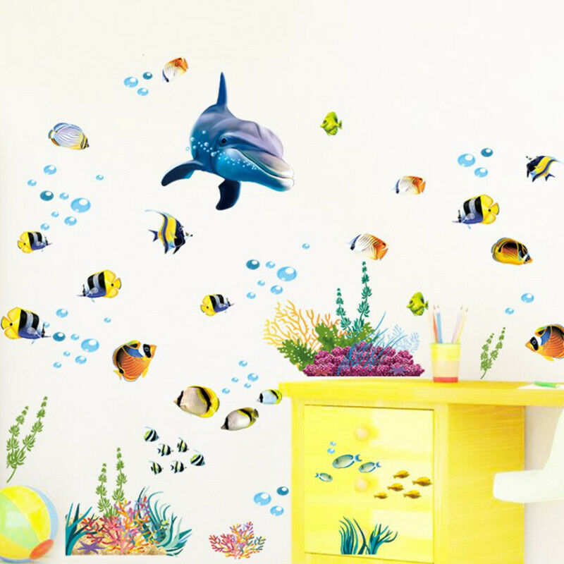 Dolphin Fish Aquarium Ocean Wall Stickers For Kids Rooms Bathroom Kitchen.l8