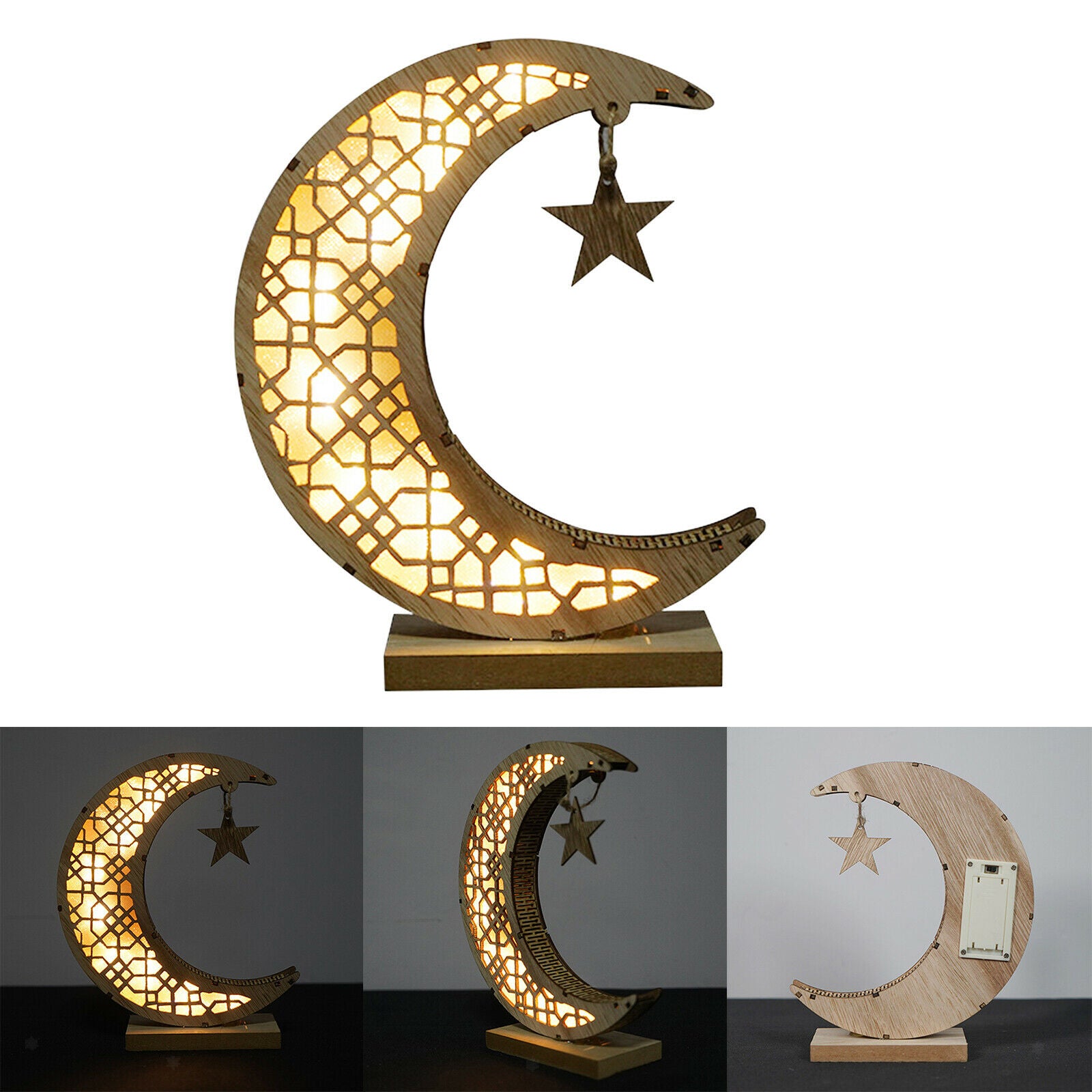 Wooden Ramadan Decorations Moon Shaped Lamp Tabletop Festival Party Supplies