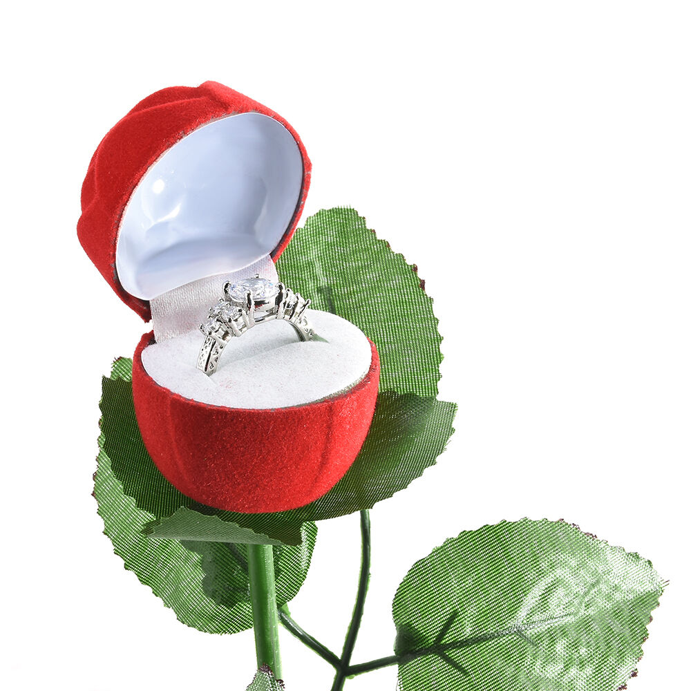 Red Rose Flower Velvet Ring Display Case Jewelry Storage Box Engagement Wedding