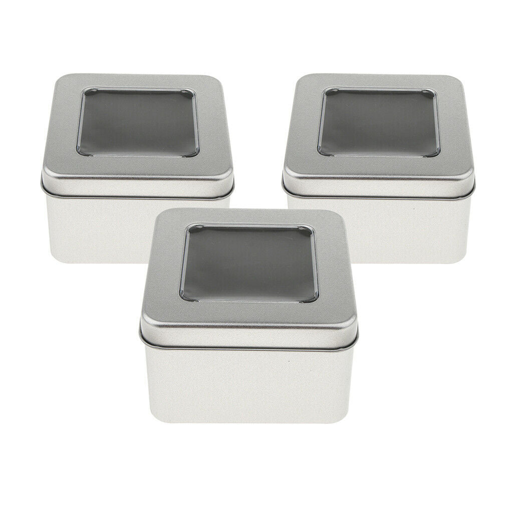 Set of 3 Small Tin Box Container, Square Empty Tin Storage Case (Clear Top,