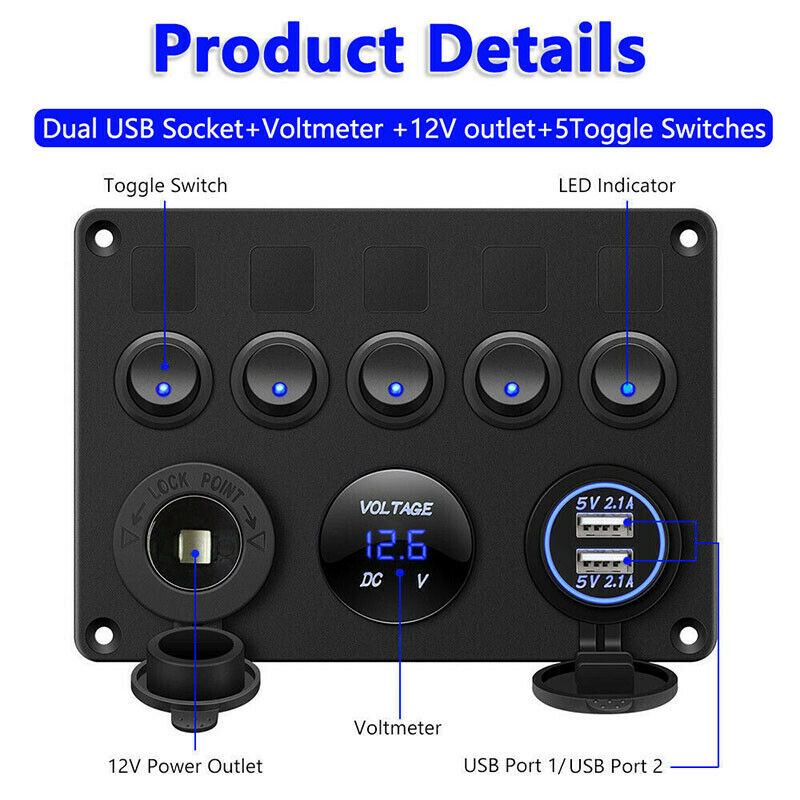 5 Gang Switch Panel 12V/24V Car Boat Marine Blue LED Rocker Breaker ControlsBDA