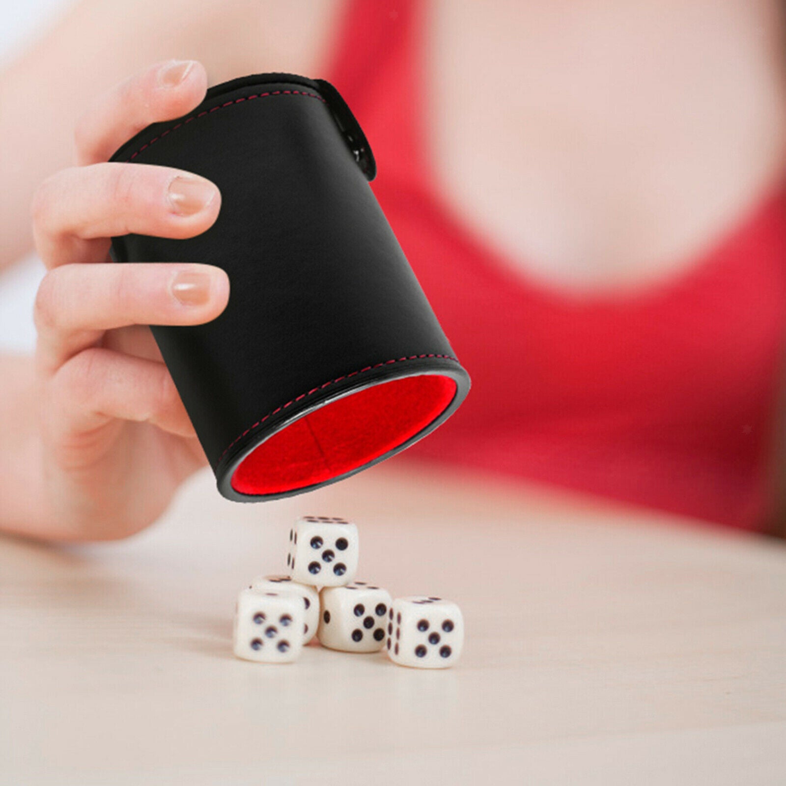 Double Layer Dice Cup with 5 Dice Red Flannel Lined Enternament Tool Party