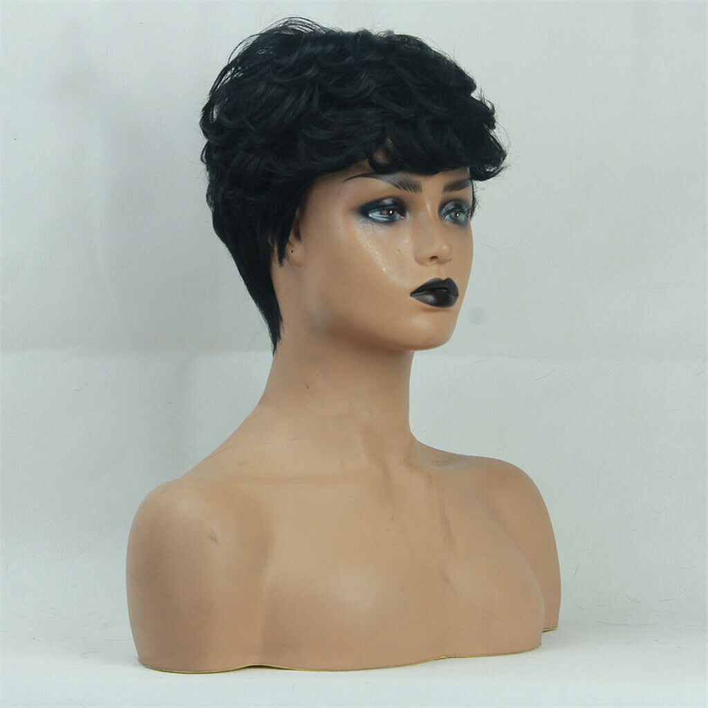 8'' Short Curly   Women Human Hair Wig Side Part Pixie Cut Black Wigs