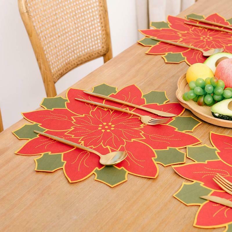 4 Pcs Christmas Flower Placemat Cutwork Embroidered Floral Christmas Flowers