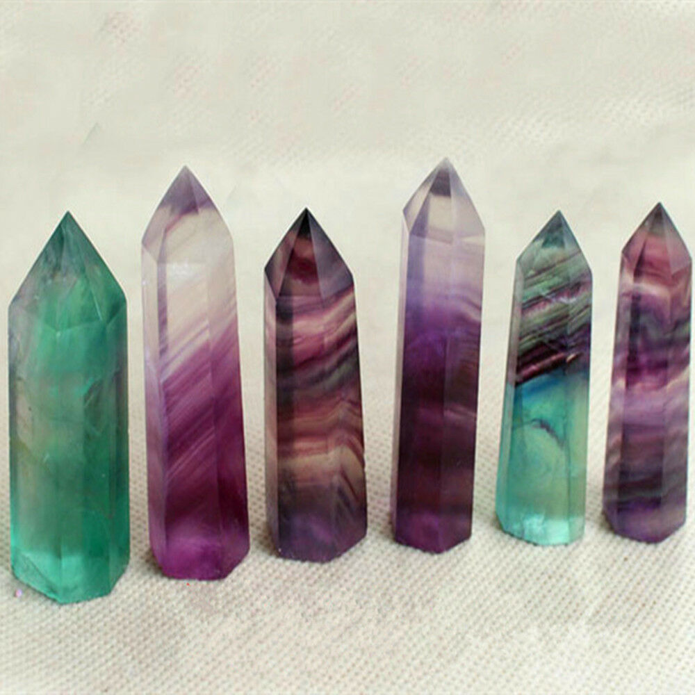 One Colorful Natural Fluorite Quartz Crystal Wand Point Healing Stone 5-6CM New
