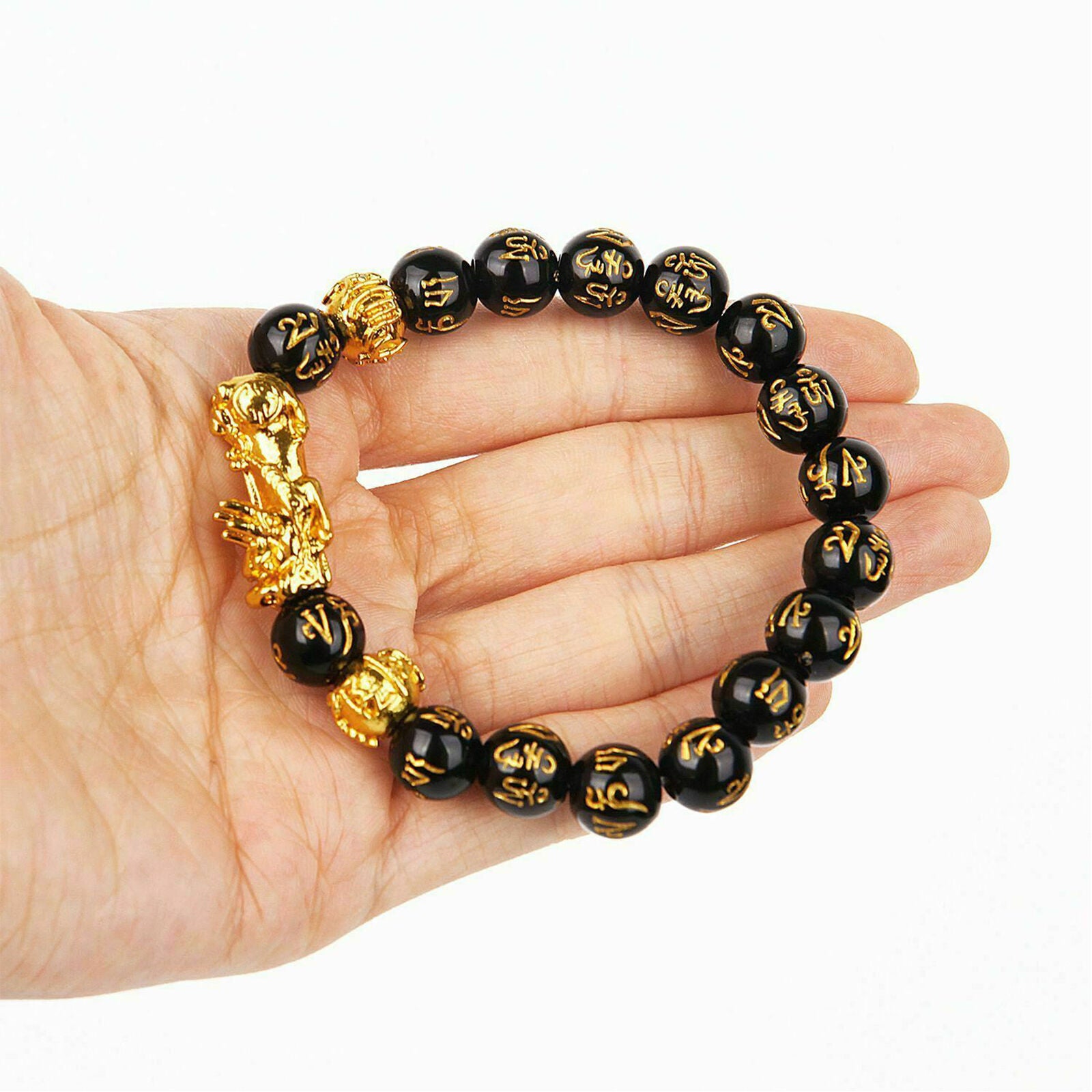 Natural Stone Feng Shui Black Obsidian Alloy Wealth Bracelet Quality
