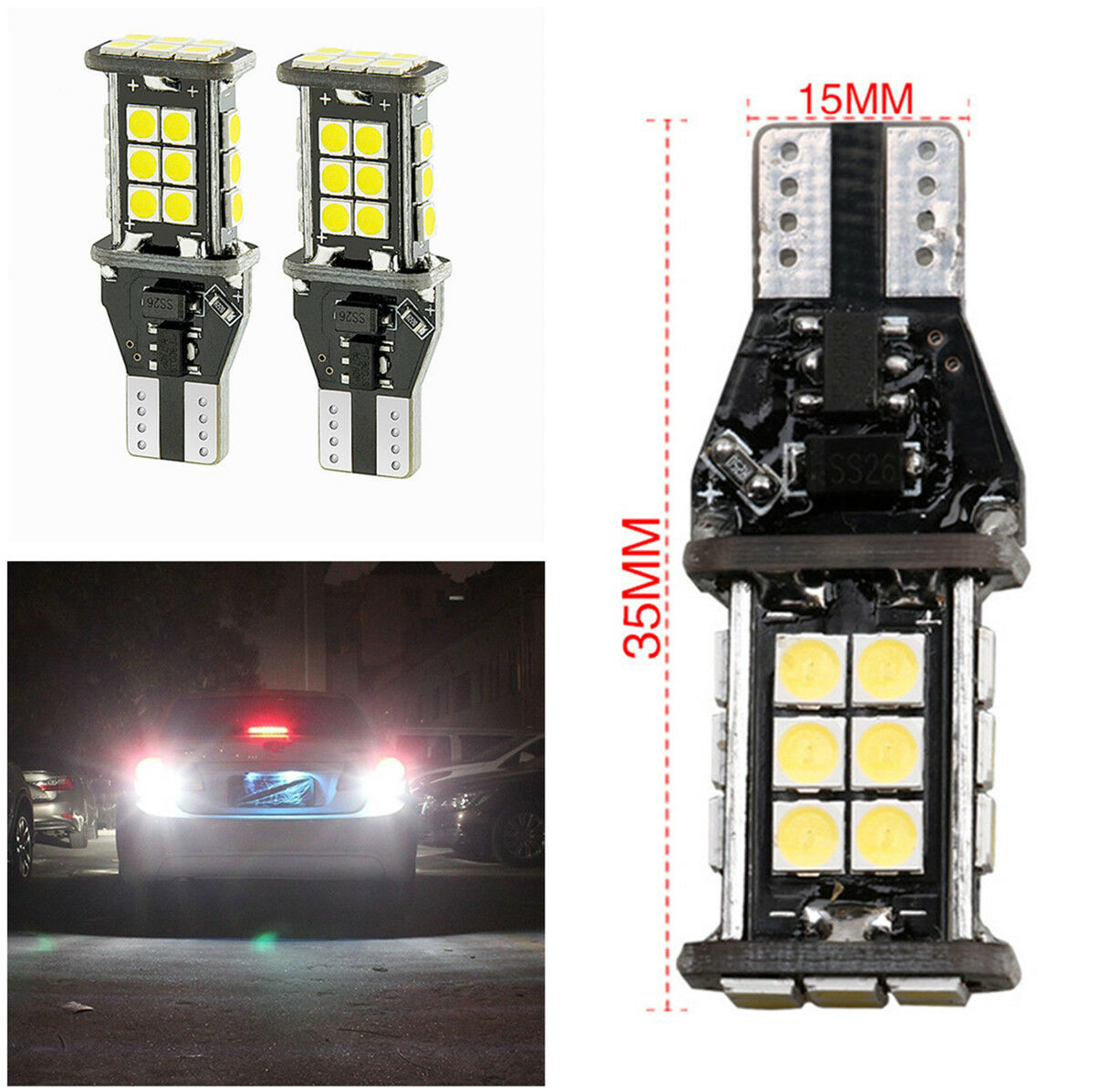 12V-24V 2 Pcs T15 Bright White Error Free 3030 24SMD LED  Backup Reverse Lights